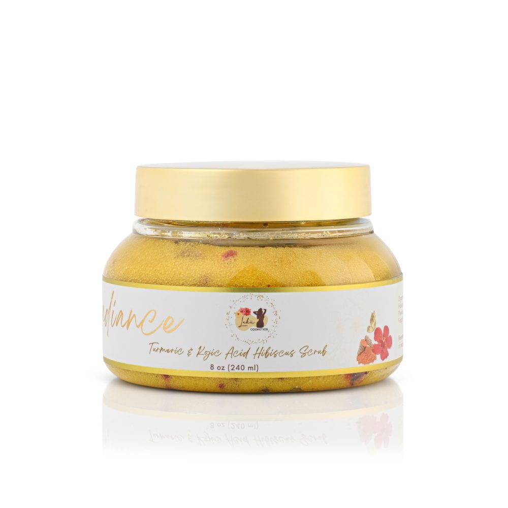 Radiance Turmeric & Hibiscus Body Scrub 8 oz — weekly sucrose-based polish with kojic dipalmitate, turmeric, and finely dried hibiscus.