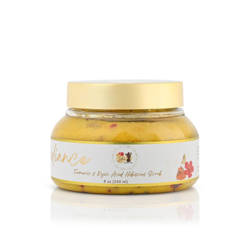 Radiance Turmeric & Hibiscus Body Scrub 8 oz — weekly sucrose-based polish with kojic dipalmitate, turmeric, and finely dried hibiscus.