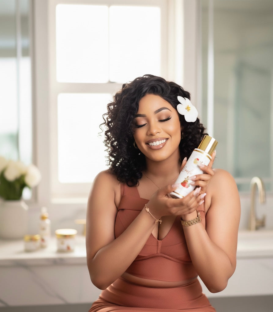 Hally at her vanity with the full Lakū Radiance routine — Made in New Orleans